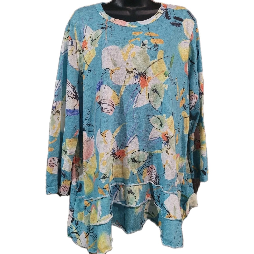 Jess & Jane Light Knit Layered Tunic Top 1X Blue Floral Bora Bora 3/4 Slv Artsy